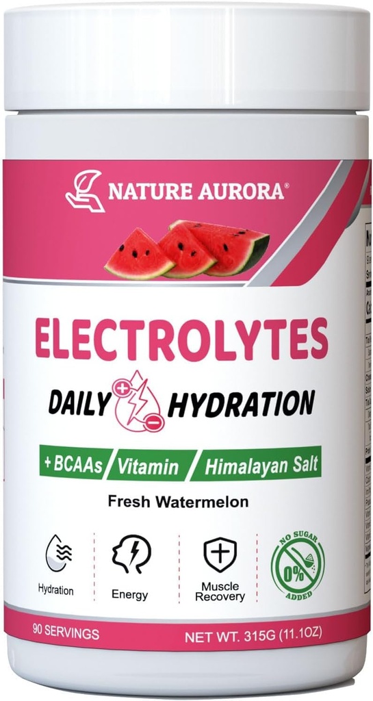 Electrolytes Powder No Sugar, Fresh Watermeloun Electrolyte Powder, Hydration Powder, Enhanced with Himalayan Salt, BCAA, and B-Vitamins, No Calories, Sugar Free Keto Electrolyte Drink - 90 Servings