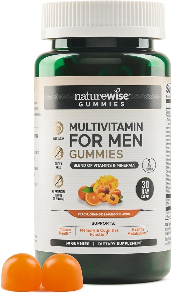 NatureWise Multivitamin pro muže, Gummies Peach Mango Flavor, pro imunitní zdraví s minerály & vitamin A, C, D, E, B6 a B12, Vegetarian, Soy- Free, Non- GMO, 60 Počet [1- Month Supply]