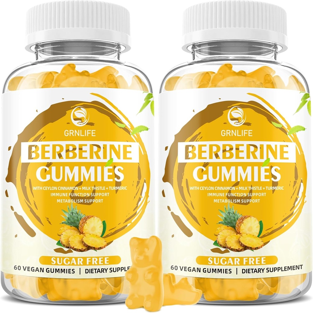 Berberine Gummies s Ceylon Skořice 1500mg High potency Berberine HCL dodatek pro imunitní a metabolickou podporu, bez cukru, Ananas Flavor - 120 Počet