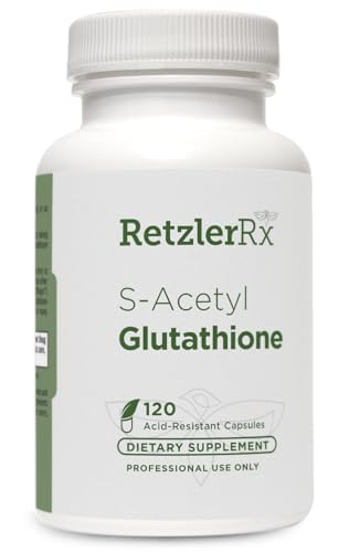 RetzlerRx S- Acetyl Glutathione Supplement 100 mg. per Capsule, Made in USA - 120 Acid- Residant Capsules - Antioxidant Support - Non- GMO, Soy & Gluten- Free / Bergaflow ®, Pharmaceutical Grade