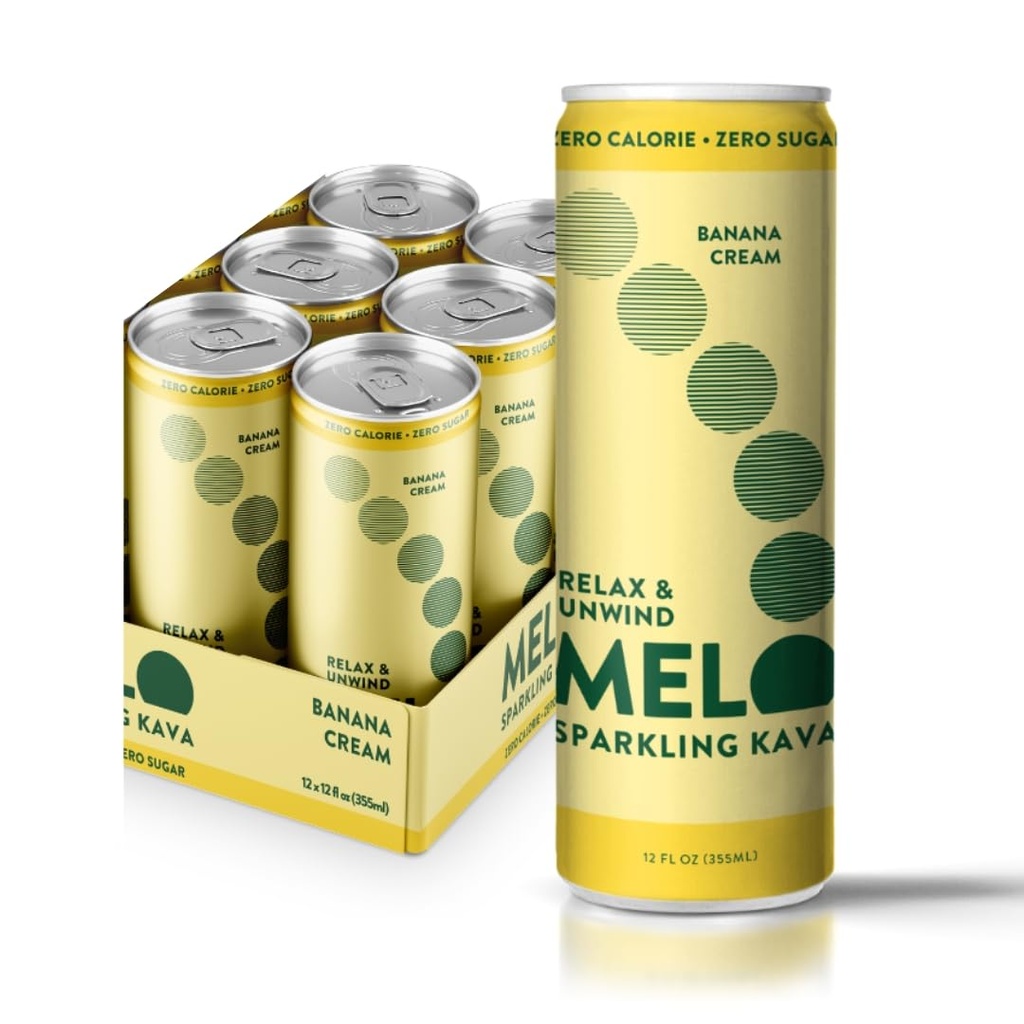 Melo Sparkling Kava Drink, Banana Cream, Sugar Free Non Alkoholic Nápoje s nulovou kalorií, gluten Free, Vegan, 100% přírodní Mocktail se 100 mg Kava Root per Drink, 6 balení, 12 oz Cans