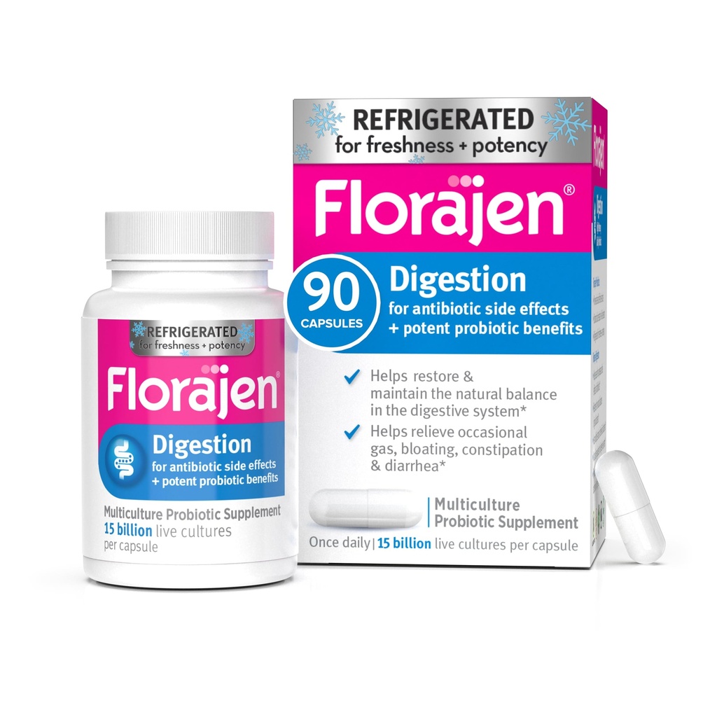 Florajen Digestion Probiotic - Advanced Gut Health Supplement for Constom & Bloating Relief - 15 Miliardy živých kultur - Multi- Strain Formule - Chlazené pro potenci & Freshness - 90 Kapsle