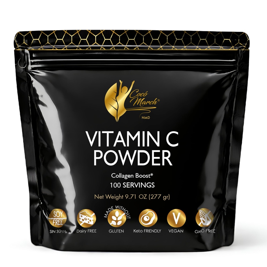 Cocó March N.M.D 1000 mg vitamin C Powder- for Collagen Production & Immunication Support, Zinek, Bromelain, Quercetin, L-Lysin - Bez: Gluten Dairy, Soy, GMO, Vegan a Keto Friendly 10 Oz