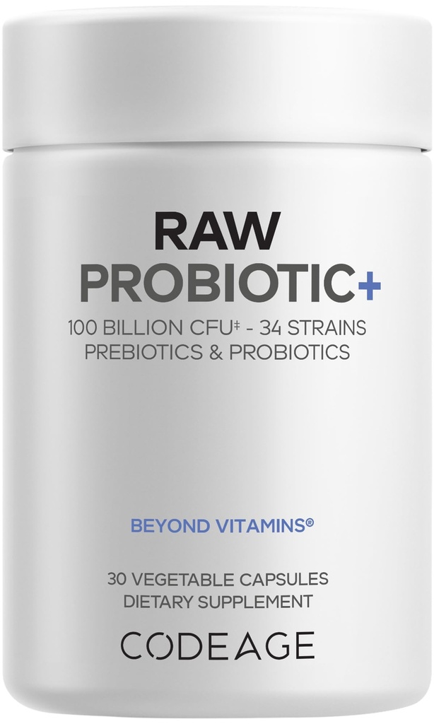 Codeage Raw Probiotic + Dodatek - 34 Probiotická křesla, 100 miliard CFU, Syrové celé potraviny Probiotika, Digestivní Enzymy, Syrové ovoce a Veggies Prebiotics - Wild Kefir Culture - Non- GMO - 30 Kapsle
