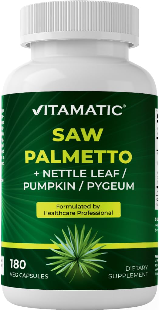 Vitamatic Saw Palmetto Extract pro muže a ženy 180 Veg Kapsle - Made with Pumpkin Seed, Pygeum, Nettle Leaf - Made in The USA - Promotes Health Prostate Function