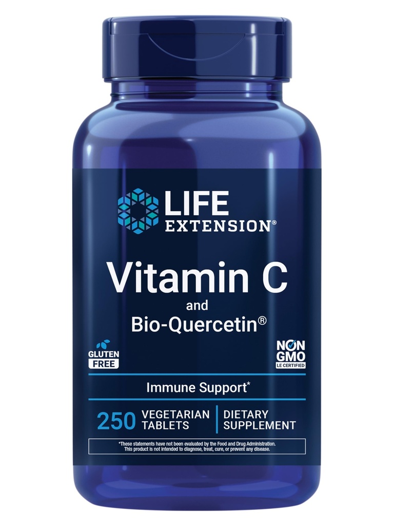 Life Extension Vitamin C a Bio-Quercetin ®, Kardiovaskulární doplněk zdraví, Imunitní podpora, Vysoce absorbovatelné, quercetin, Vitamin C, Gluten zdarma, Non- GMO, Vegetariánské, 250 Tablety