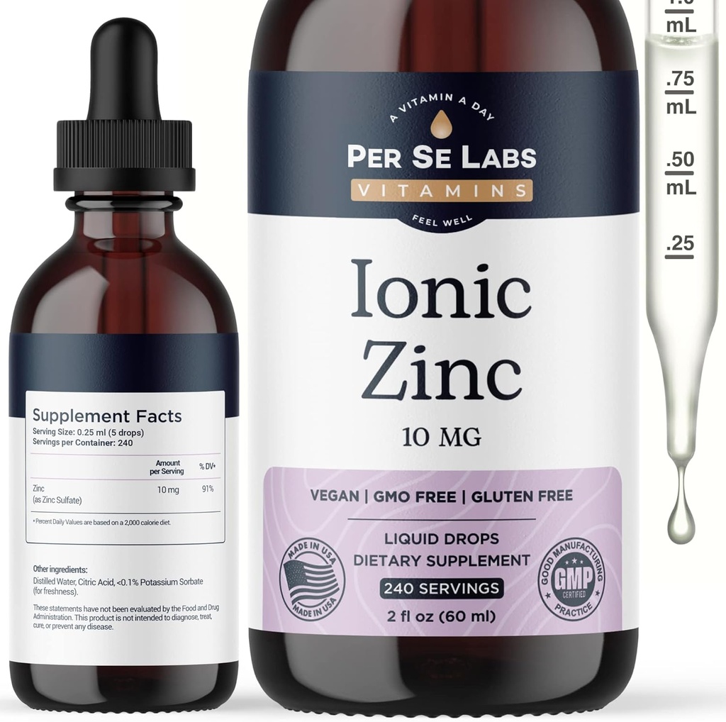 Per Se Labs Ionic Zinek Liquid - 10 mg High Absorption 240 Servings Liquid Zinek Kapky pro dospělé - Imunitní podpora Kožní péče Zinkové doplňky - Vegan Zinek Sulfát Antioxidant Dietní dodatek - 2 Oz