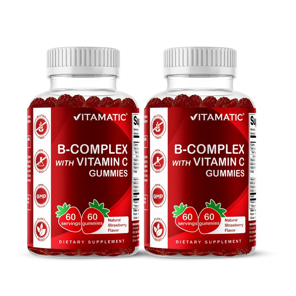 Vitamatický vitamin B Komplexní gumy s vitaminem C & Inositol - Přírodní jahodové aroma - 60 Gumy (2 láhve)