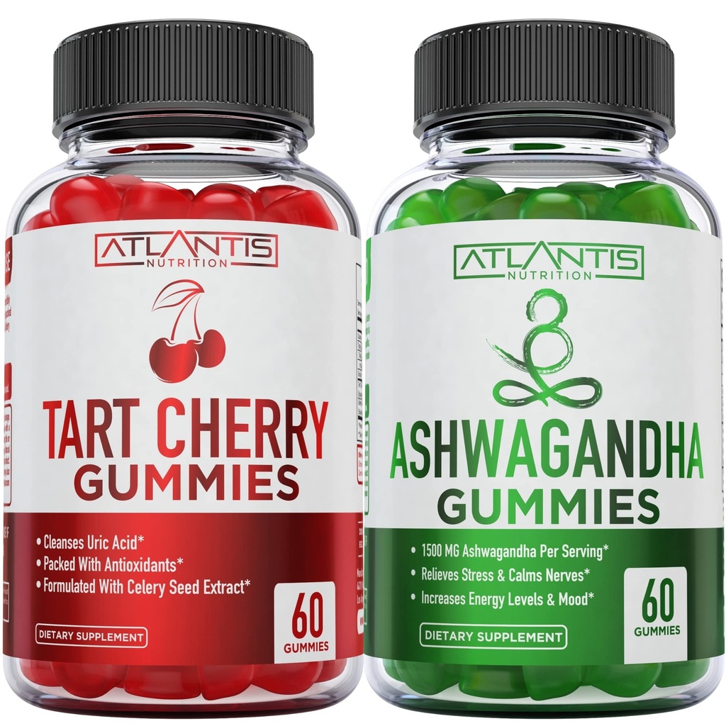 60 Ashwagandha Gummies + 60 Tart Cherry Gummies - Ashwagandha zvyšuje energetické úrovně a posiluje imunitní systém - Tart Cherry má pokročilé čistící prostředky pro okamžité Gout Pain Reli