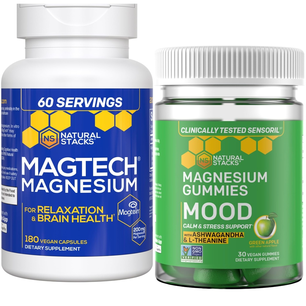 Přírodní zásobníky Magtech Magnesium + Mood Magnesium Gummies Bundle - 4 Formy hořčíku - Relaxace, Podpora zdraví a stresu * - 210 Celkové kusy