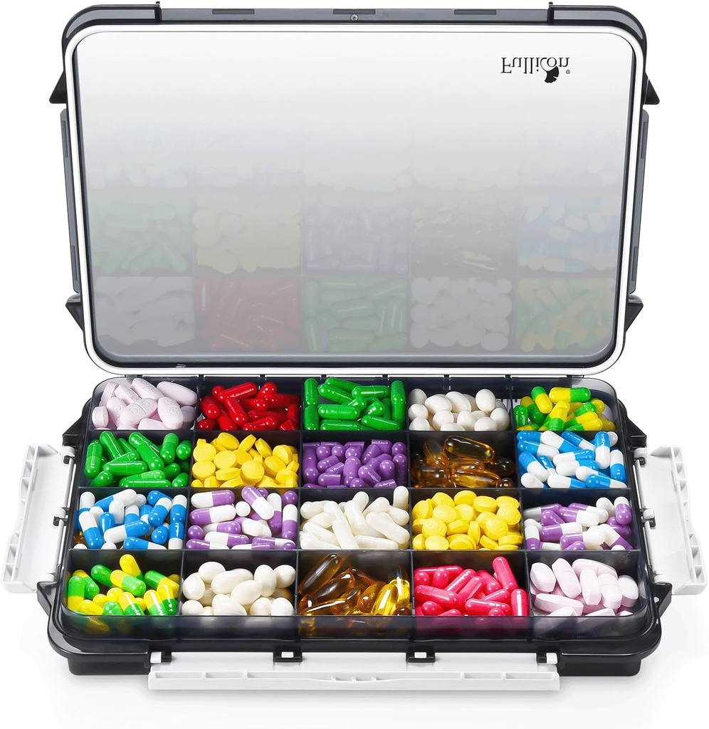 Fullicon Extra Velký Pořadatel pilulek s Moisture Proof Design, Travel Jumbo Pill Box s 20 Complex, Doplněk Pořadatel pro vitaminy se 3 zabezpečené spony (černá)