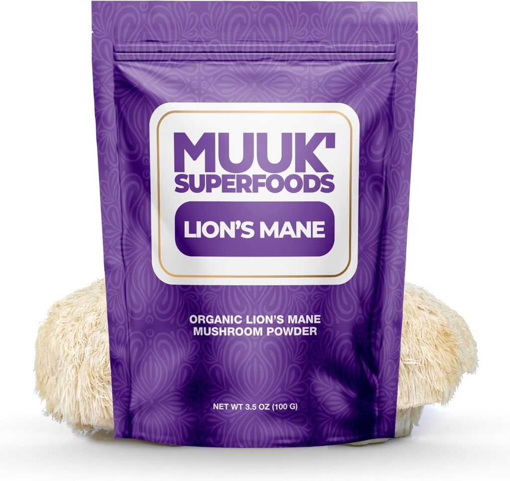 MUUK 'SUPERFOODS CLANE124; Pure Organic Lion' s Mane Mushroom Powder CLANE124; Brain- Boosting, USA- Made CLANE124; 3.5 oz (100g), 60 Servings
