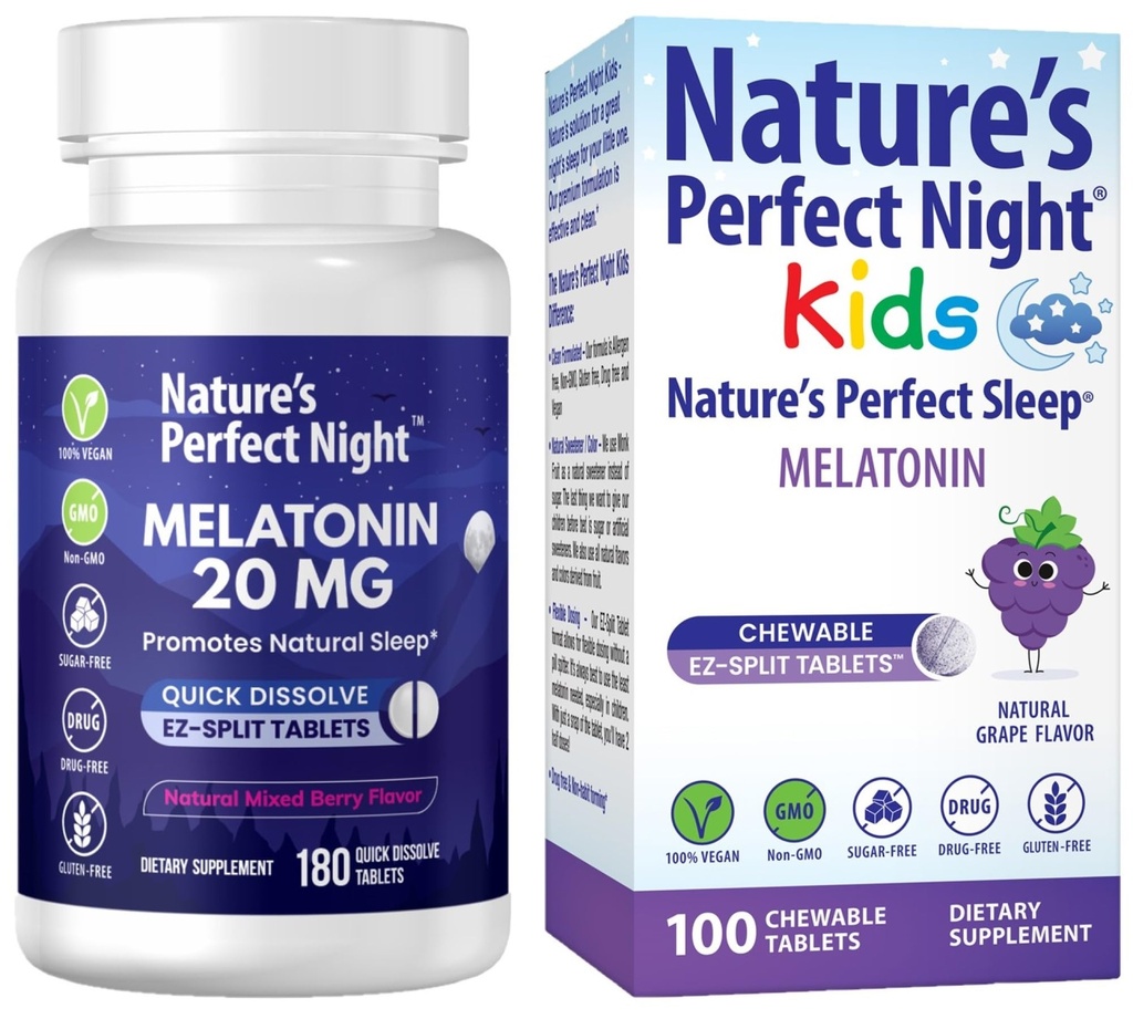 Nature 's Perfect Night Bundle Is124; Melatonin 20mg Is124; Kids Melatonin 1mg Is124; 180 Count Is124; 100 Count Is124; Sugar Free Is124; Gluten Free Is124; Non- GMO Is124; Vegan