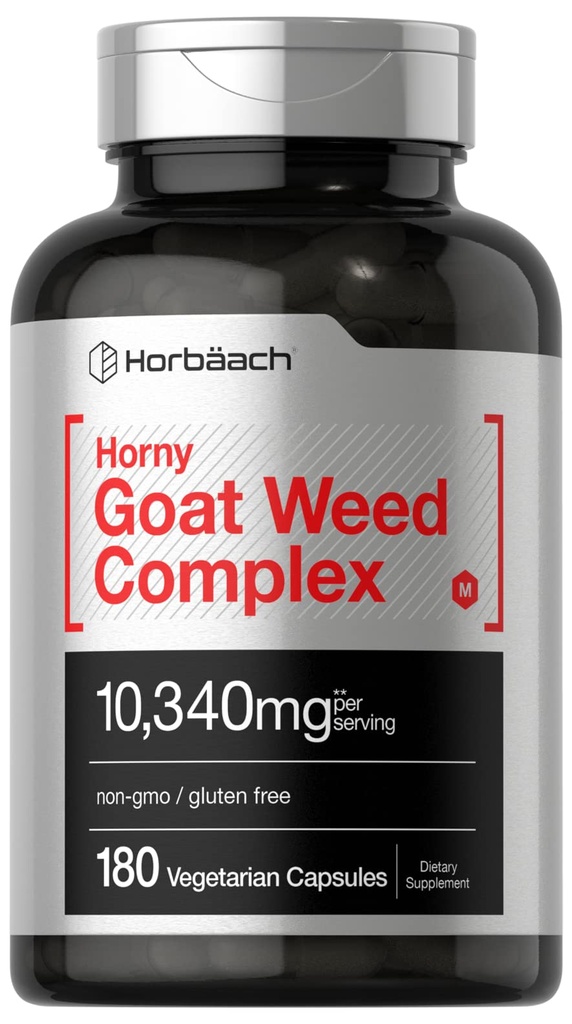 Horbäach Horny Goat Weed Komplex 124; 180 Kapsle 124; Vegetarian, Non-GMO, a gluten Free Formule s Tribulus, Maca, Yohimbe, a L-Arginin