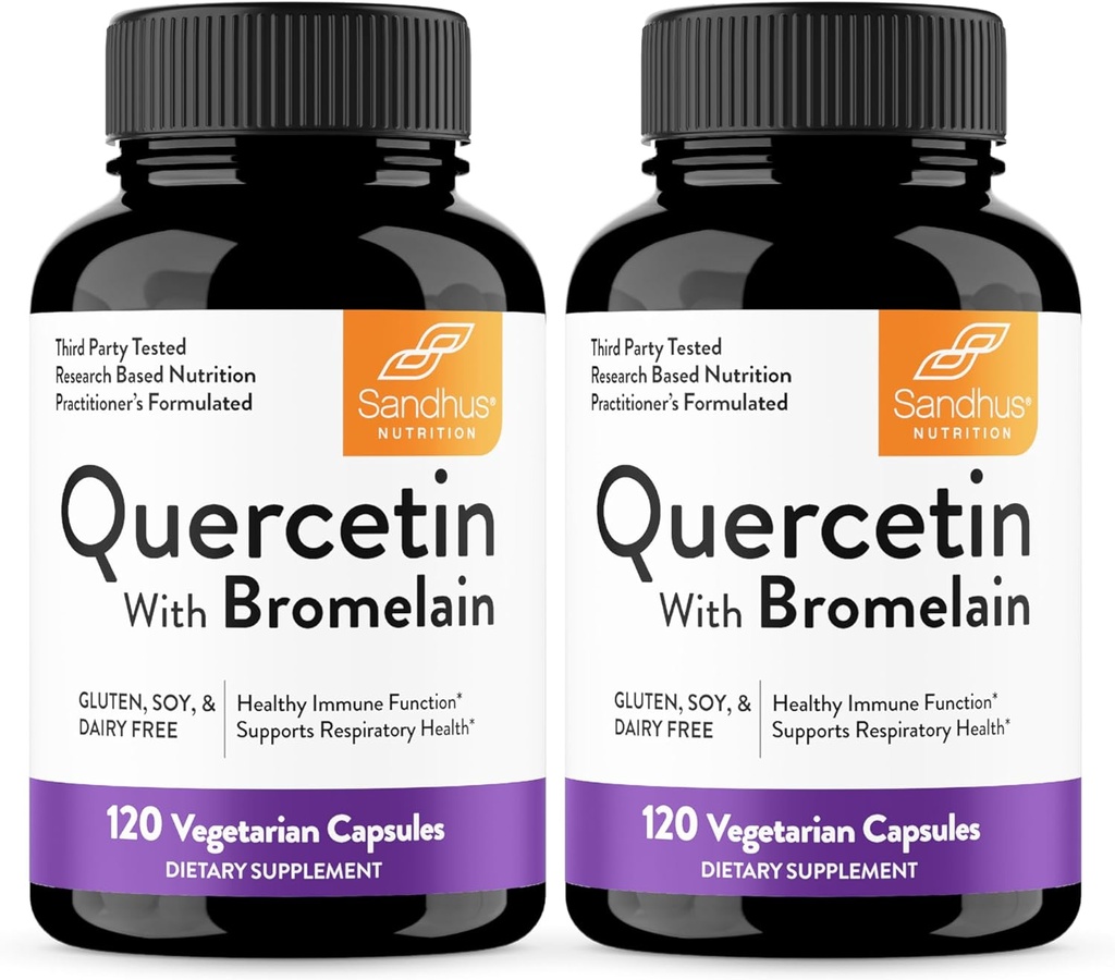 Sandhu Quercetin s Bromelain Vegetariánské kapsle Doplňky 120 Počet (Balení 2) 124; Bioflavonoidy pro imunitní podporu & Respirační zdraví, Sezónní alergie Podpora 124; Quercitin pro muže a ženy