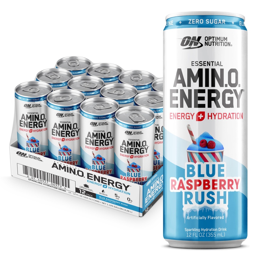 Optimum Nutrition Amino Energy Sparkling Hydration Drink, Electrolytes, kofein, aminokyseliny, BCAA, cukr zdarma, NEW Blue Raspberry Rush, 12 Fl Oz, 12 Pack (Balení květen Vary)