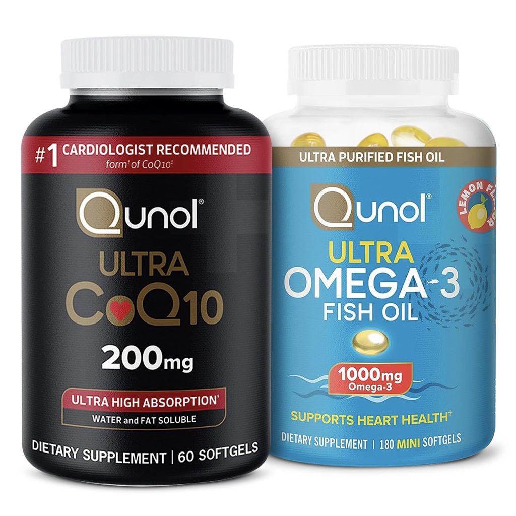 Qunol Ultra CoQ10 200mg Softgels - Ultra High Absorption Coenzym Q10 Dodatek - 2 Month Supply - 60 Count + Fish Oil Omega 3 Mini Softgels, 1000mg Omega 3 EPA + DHA, 3 Month Supply, 180 Count