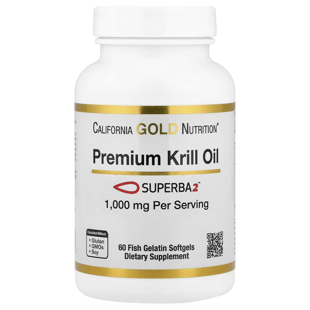 California Gold Nutrition Premium Krill Oil with Superba2 Bioavailable Omega-3s from Antarctic Krill - Heart & Brain Health Support - Gluten Free, Non- GMO - 1000 mg - 60 Fish Gelatin Softgels