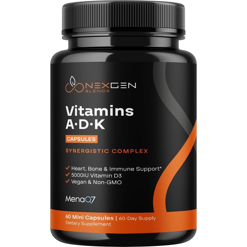 Vysoce absorpční ADK doplněk vitamínu - Veganský vitamin D3 K2 MK7 & A pro regulaci vápníku plus kostní srdce štítné žlázy & imunitní podpora - Vitamin ADK s 5000IU D3 Non GMO & gluten zdarma (2 měsíce)