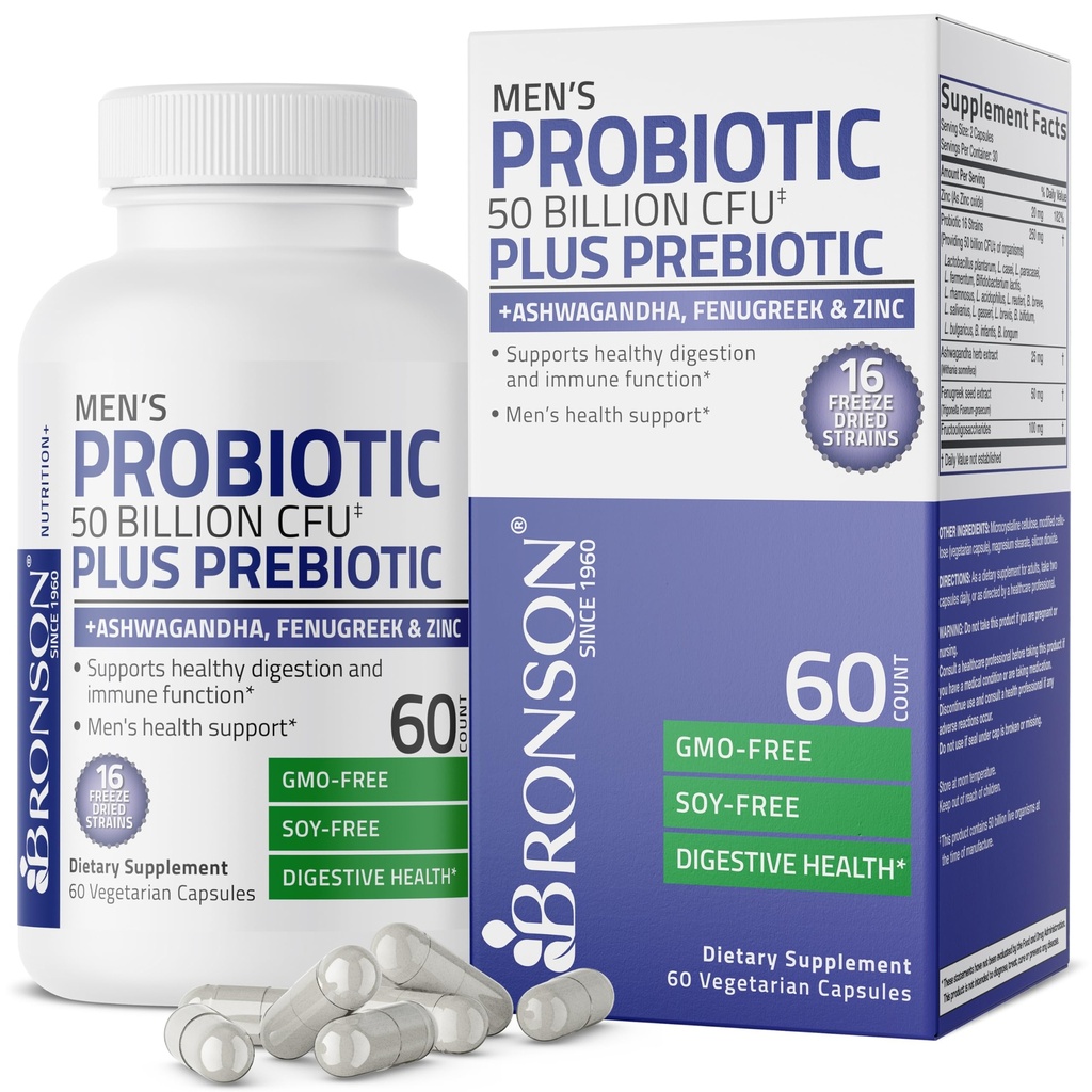 Bronson Men 's Probiotic 50 Milionů CFU Plus Prebiotic s Ashwagandha, Fenugreek & Zinek, podporuje zdravé stravení a imunitní funkce Non- GMO, 60 Vegetariánské kapsle