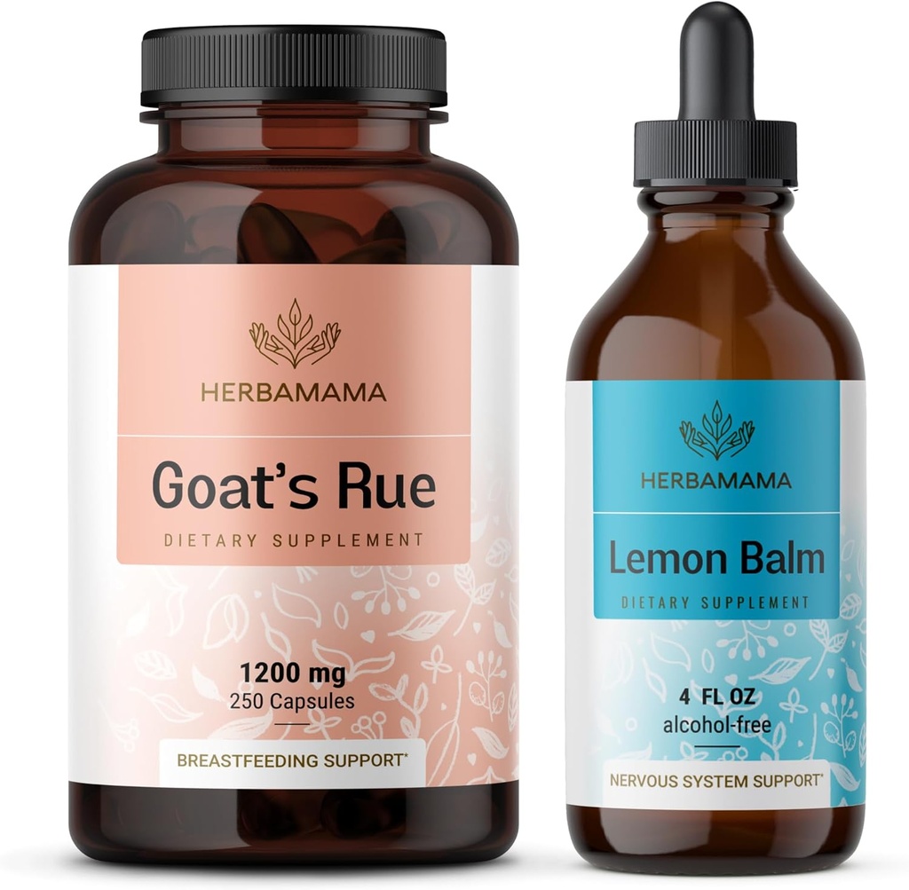 HERBAMAMA Goat 's Rue and Lemon Balm Kit - Bundle of 1200 mg Goat' s Rue Capsules & Lemon Balm Liquid Drops 4 fl oz - Vegan, Non- GMO, Sugar & Alcohol- Free - 2 Pack