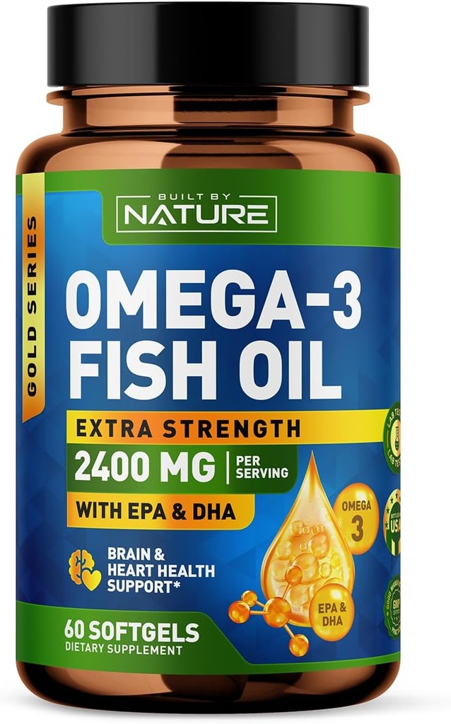 Postaven přírodou Omega 3 Fish Oil Soft Gels - 2400 mg Fish Oil, 1440 mg Omega 3, 864 mg EPA, 576 mg DHA - Extra Strength Brain & Heart Health Supplement - 60 Softgels