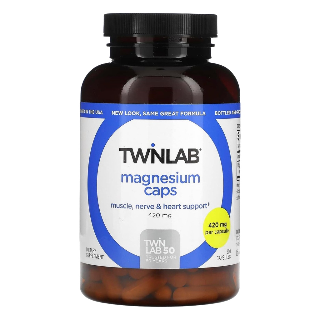 Twinlab Magnesium Caps - High Absorption Magnesium Supplement to Support Leg Cramps Relief - Magnesium Kapsle pro Stress Relief, 420 mg, 200 Počet, 1 balení