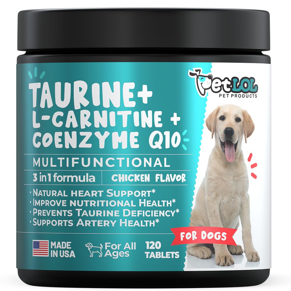 Taurin dodatek pro psy s L- karnitin a koenzym Q10 (CoQ10): Vet Endorsed for Enlarged Heart (DCM), městnavé srdeční selhání, Taurin nedostatečnost: 3-in-1 Virus 124; Dog Supplements - 120ct