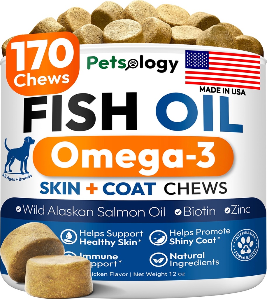 Omega 3 Rybí olej pro psy - 170 Žvýkačky - Omega 3 pro psy Itchy Skin & Alergie Relief - Kůže & Coat Supplement - EPA & DHA Fatty Acids - Pes Anti Shedding & Hot Spot Treatment - Losos Oil