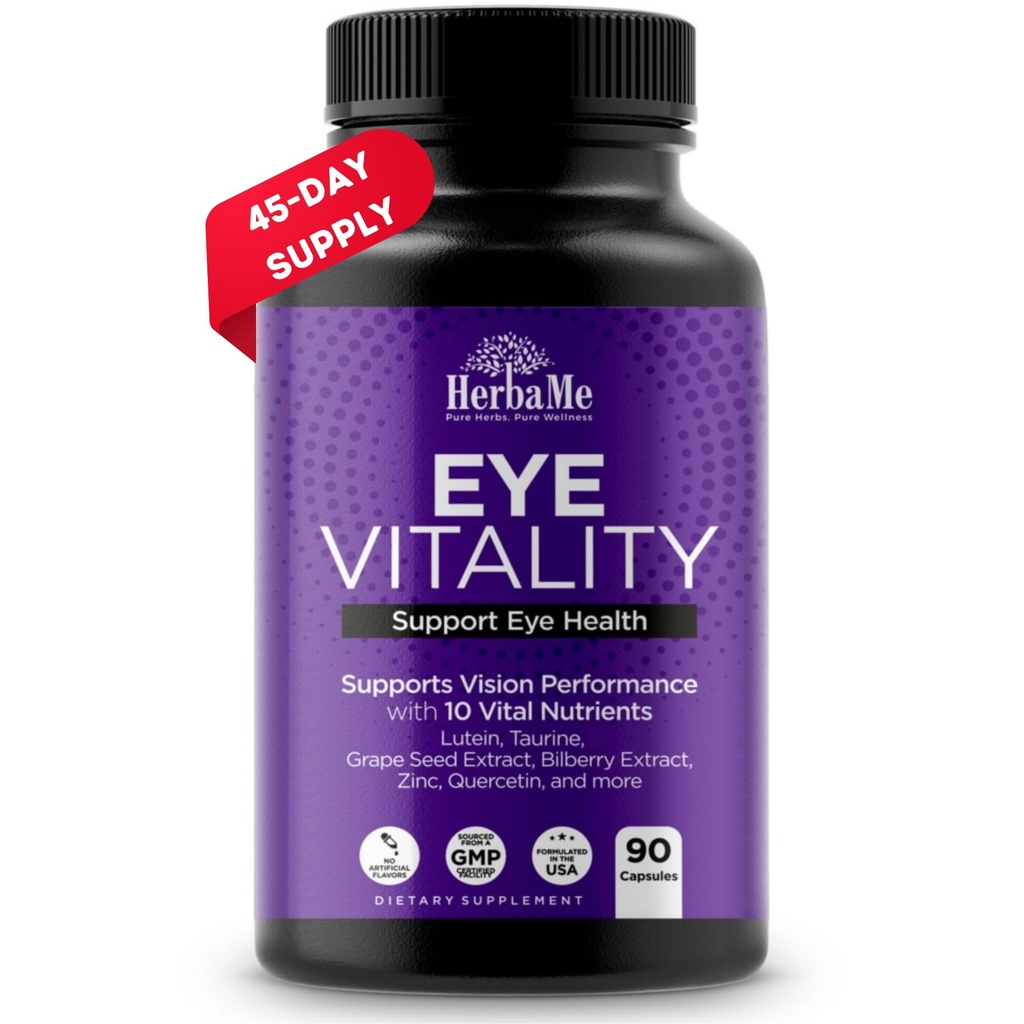 HerbaMe oční vitaminy dodatek s Lutein, Bilberry, Beta karoten, L-Taurin, Zinek a Quercetin, 90 Kapsle, Podporuje Vision, Oční a makulární zdraví, Pomáhá oči filtr modré světlo