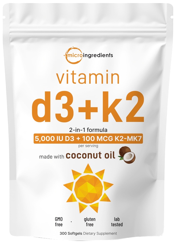 Micro Ingredients Vitamin D3 5 000 IU + K2 MK- 7 100 mcg, 300 Softgels CLAS124; Virgin Coconut Oil CLAS124; 2- in-1 Bone, Immune & Heart Support CLAS124; Easy to Swallow, Non- GMO