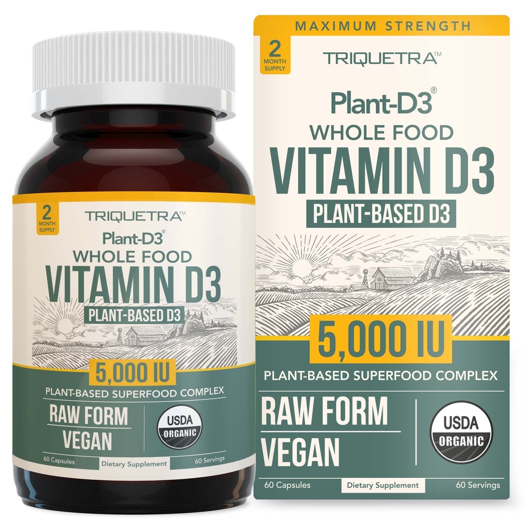 Organický vitamin D3 5 000 IU - 100% celopotravinová a plant- Based Cholekalciferol Form, 100% Vegan Vitamin D - Vylepšený komplexem Prebiotic & Superfood - Organic, Vegan, GMO & gluten zdarma (60 Kapsle)