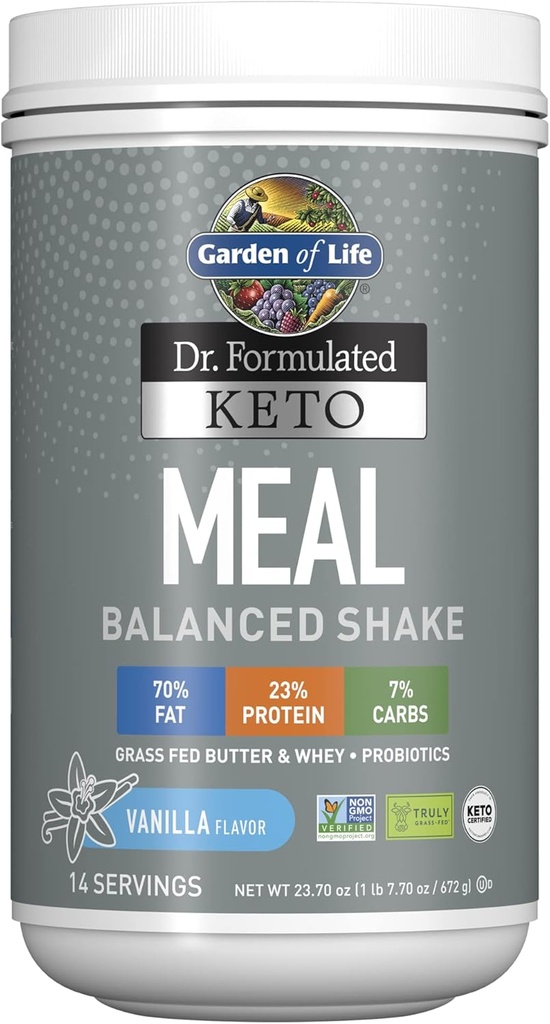 Zahrada života Dr. Vyrovnaný Keto Meal Vyvážený Shake - Vanilla Powder, 14 Servings, Truly Grass Fed máslo & Syrovátkové bílkoviny plus Probiotika, Non- GMO, Gluten Free, Ketogenní, Paleo Meal Náhrada