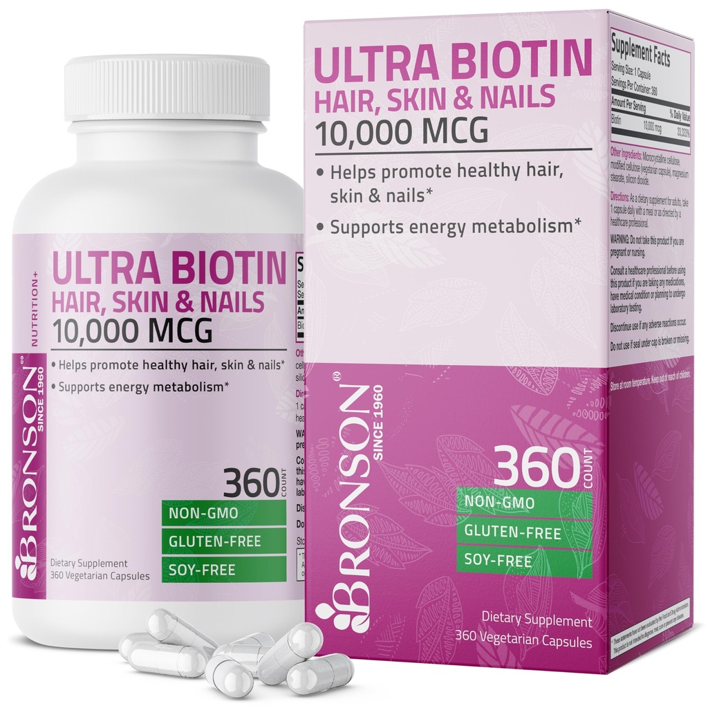 Bronson Ultra Biotin 10.000 Mcg Vlasová kůže a hřebíky dodatek, Non- GMO, 360 Vegetariánská kapsle