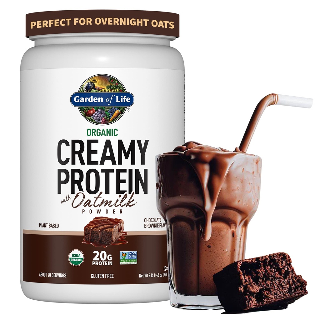 Zahrada života Krémový organický Vegan Protein Powder + OatMilk, 20g Kompletní rostlinný protein, Coconut Water, MCTs, Strouted Grains, Prebiotics, Probiotics - Gluten- Free, Chocolate Brownie, 2 LBS