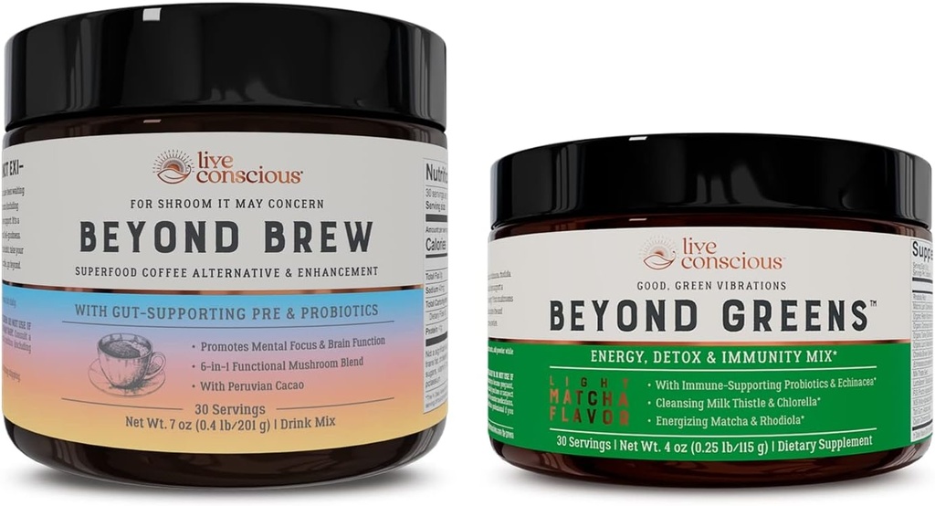 Live Conscious Beyond Green & Beyond Brew 124; Delicious Green Powder for Bloating + Houba Superfood Coffee Alternative Caffeine Free