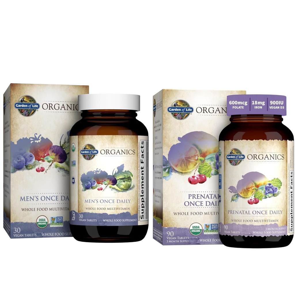 Zahrada života Organics Prenatal Vitamin: Folát pro energetiku a zdravý vývoj plodu & Organics Multivitamin pro muže - Muži jednou denně celý doplněk stravy vitamin tablety, Vegan, 30 Počet