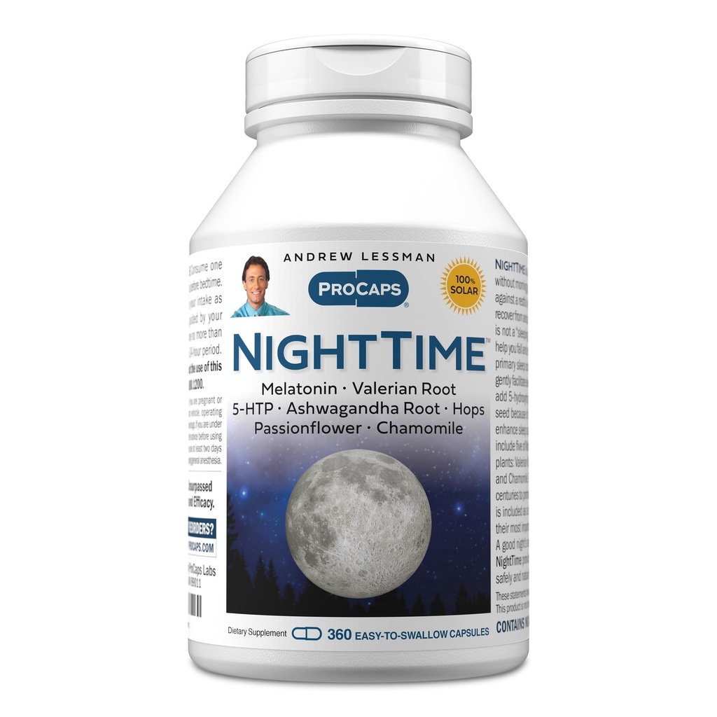 ANDREW LESSMAN Night Time 360 Kapsle - 3mg Melatonin, Valerian, Ashwagandha, Passionflower, Chmel, Heřmánek. Žádné ráno Groggness. Natural Support, Gentle Restful Sleep. Snadno spolknout tobolky