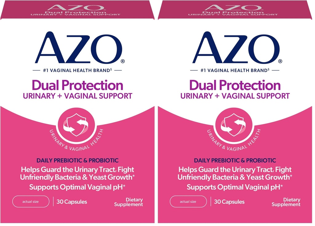 AZO Dual Protection CLAS124; Močová + Vaginální podpora * CLAS124; Prebiotická Plus Klinicky osvědčená Probiotická CLAS124; Začíná pracovat do 24 hodin CLAS124; Non- GMO CLAS124; 30 Počet (balení po 2)