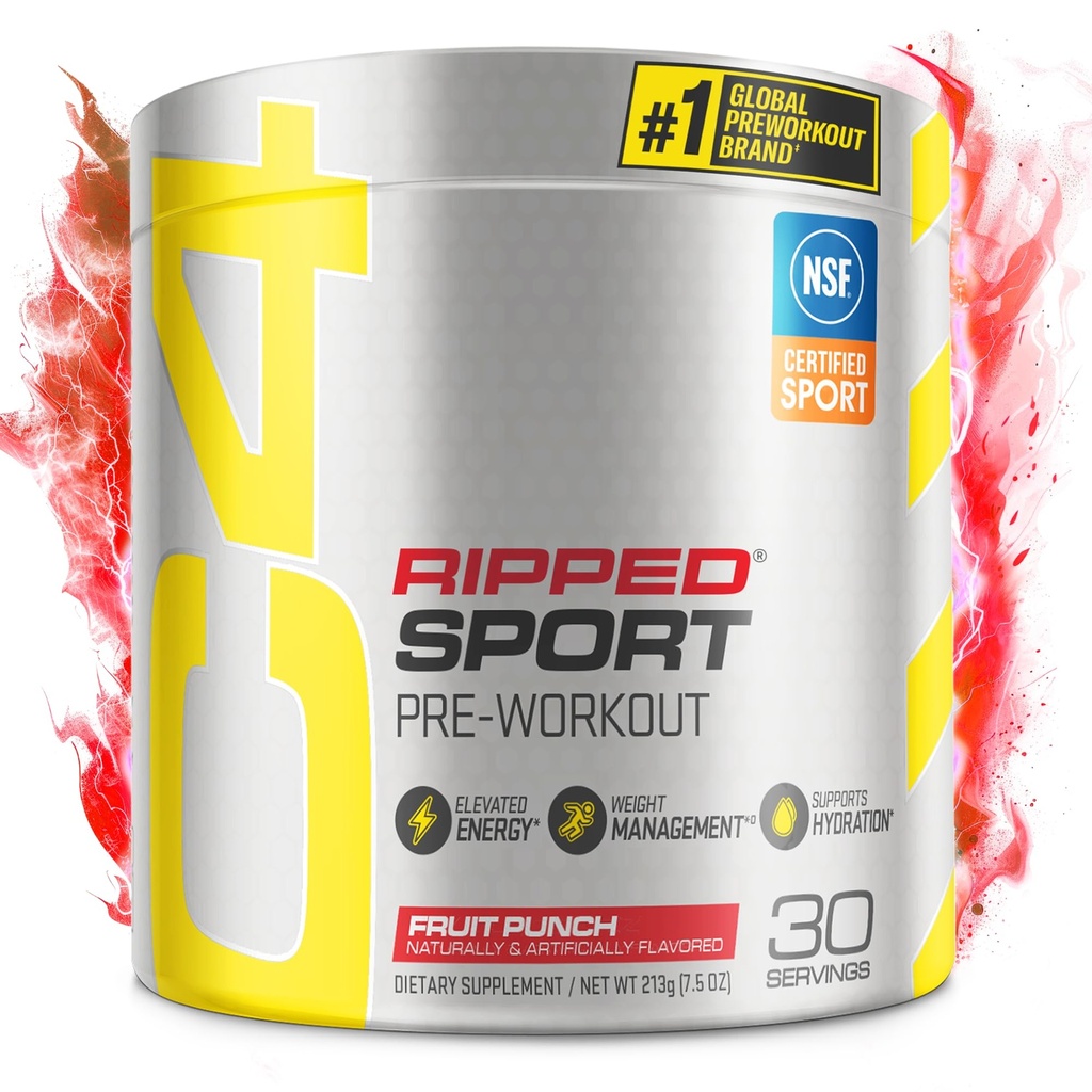 C4 Ripped Sport Pre Workout Powder Fruit Punch - NSF Certified for Sport + Nula Sugar Preworking Energy Supplement pro muže a ženy - 135mg kofein + hubnutí - 30 Služeb