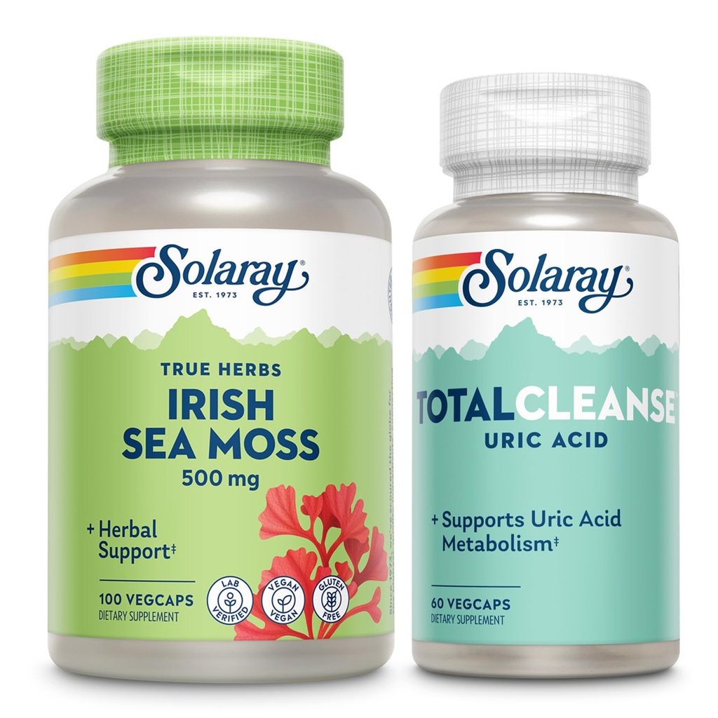 SOLARAY Irish Sea Moss and Total Cleanse Uric Acid - Wellness and Joint Health Bundle w / Přirozeně Occurring Vitamíny, Minerály, Live Bakterie, Plus Tart Cherry, Turmeric and Celer Seed, 100 / 60ct