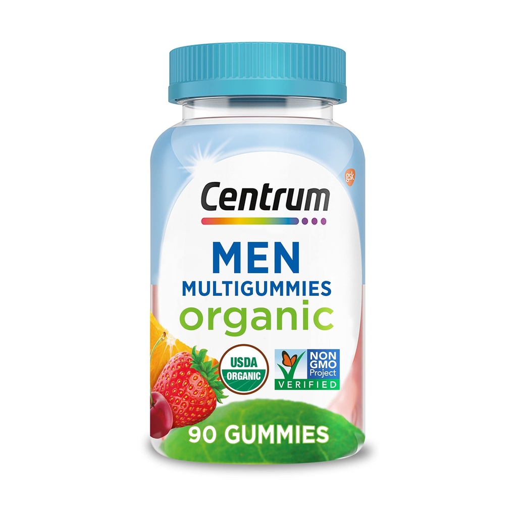 Centrum Men 's Organic Multigummies, Men' s Multivitamin Gummies, Organic Multivitamin pro muže s esenciální výživou pro imunitní podporu, energii a svalové funkce - 90 Počet