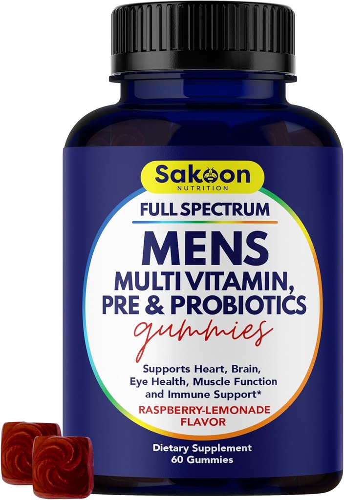 Sakoon výživy Mužské multivitaminové gumy s probiotika a prebiotika, Dospělý Multivitamin A, C, D, E, B & More, Podpora imunity, energie, zdraví, 60 Počet
