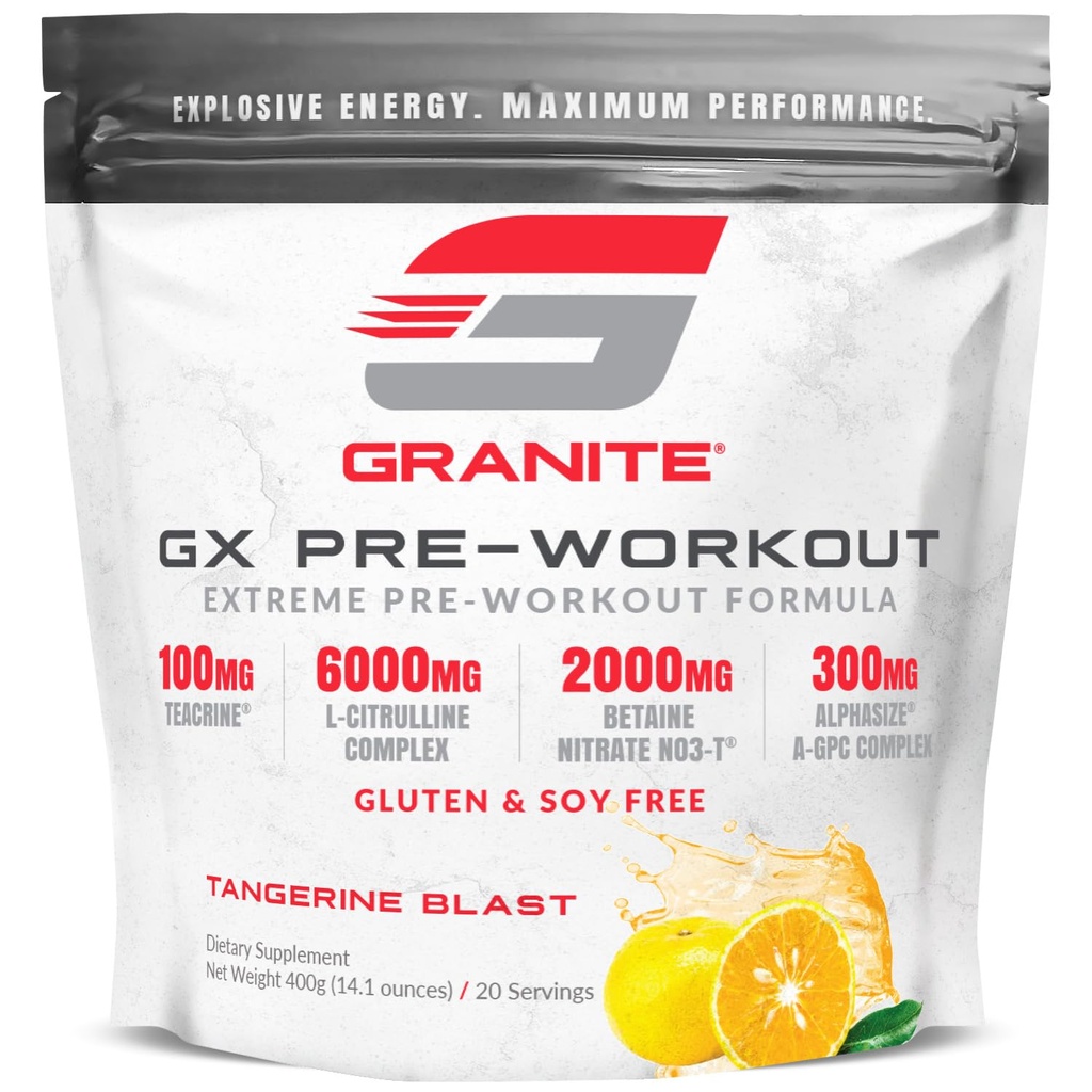 Granite GX Pre Workout Dodatek, Tangerine Blast Flavor, Podporuje zaměření, energie, & Výkon s teacrin, L-Citruline, Betaine, & A-GPC (20 Služeb)