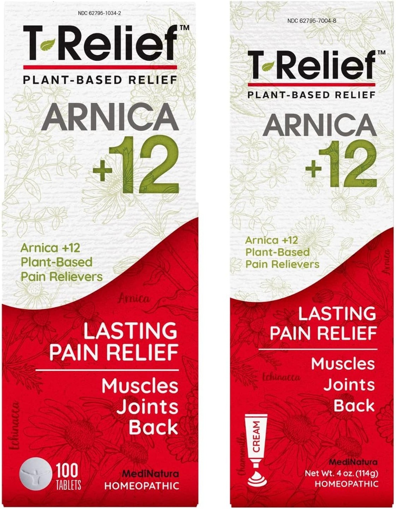 MediNatura T- Relief Arnica + 12 Natural Pain Relievers 100ct Tablets T- Relief Natural Pain Relief Arnica + 12 4oz Cream Bundle