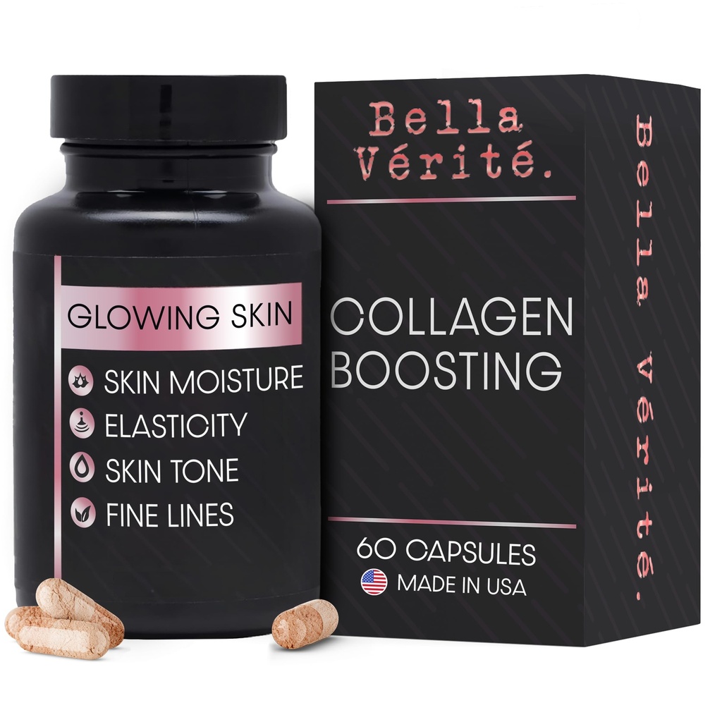 Bella Vérité Daily Collagen Dodatek pro ženy a muže - Essential Vitamíny pro mladistvé, Radiantní komplexion & celkové zdraví - Podpora záře a hladké pokožky, snížit vrásky a suchost (60 Kapsle)