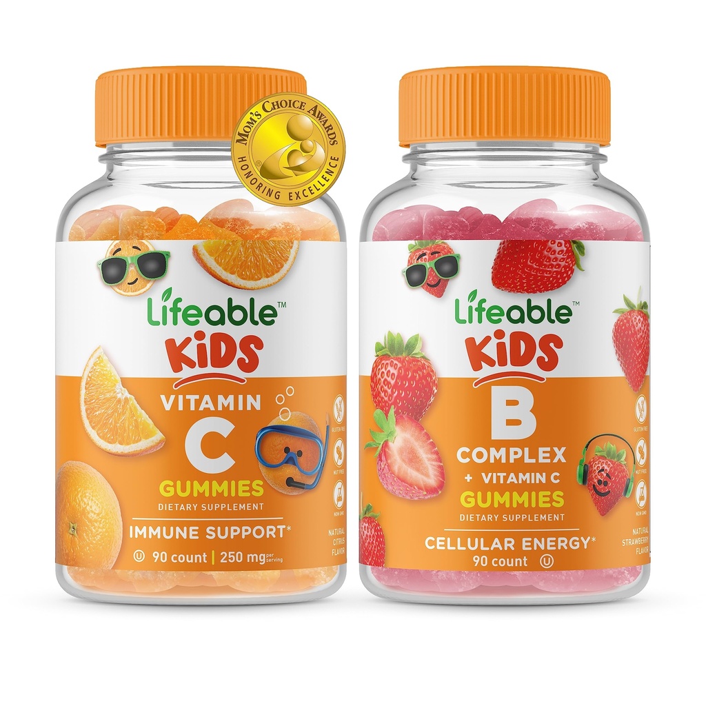 Živý vitamín C děti + B Komplexní děti, Gummies Bundle - Velký příchuť, doplněk vitamínu, gluten zdarma, GMO zdarma, Žvýkací žlab