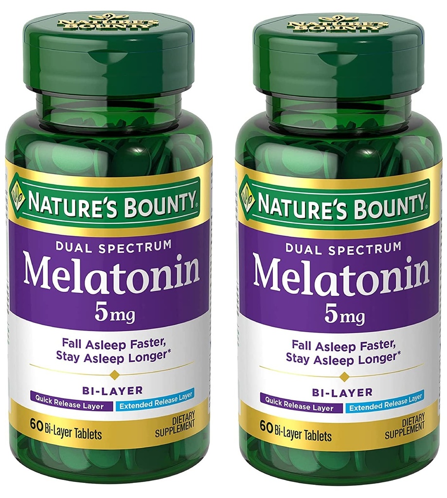 Nature 's Bounty Melatonin 5mg Dual Spectrum, 100% droga zdarma spánkový doplněk, rychlé uvolnění a rozšířené uvolnění, podporuje relaxaci a spánek zdraví, 60 Bi- Layer tablety (balení po 2)