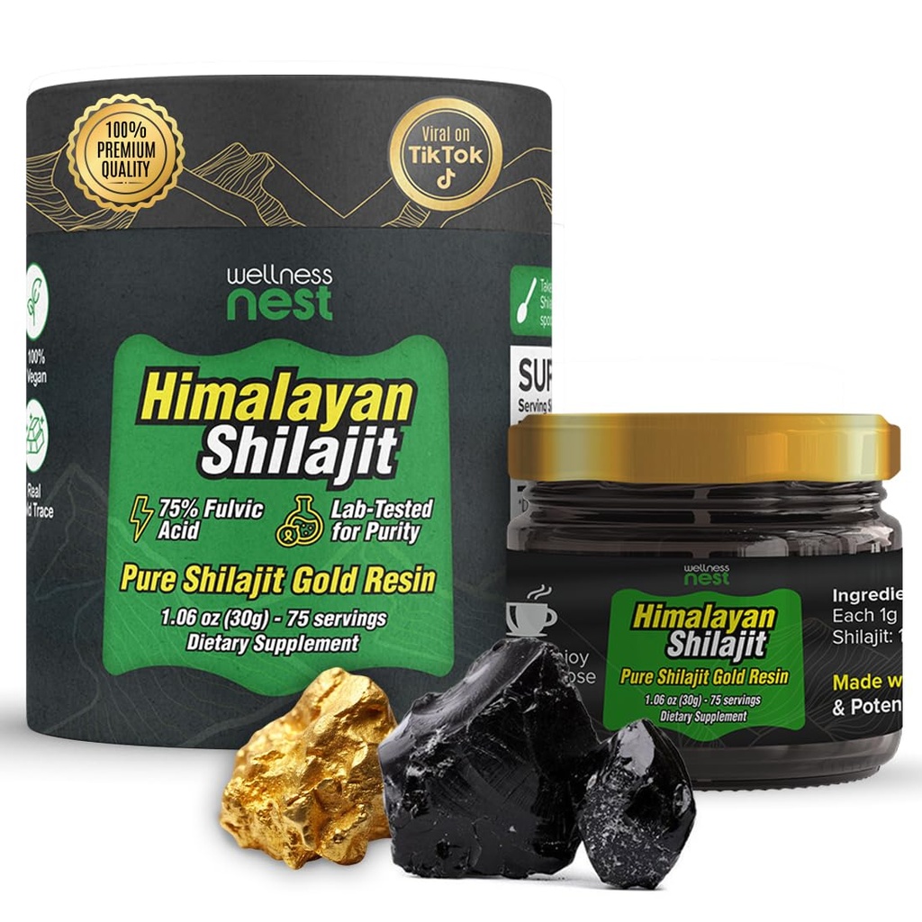 Wellness Nest Gold Class Čisté Himalayan Shilajit Resin: Ultimate Potency for Men & Women - 24k Gold, 75% + Fulvic Acid, Laboratorní zkušební zpráva v ceně - 30g (1 balení), 75 Služeb