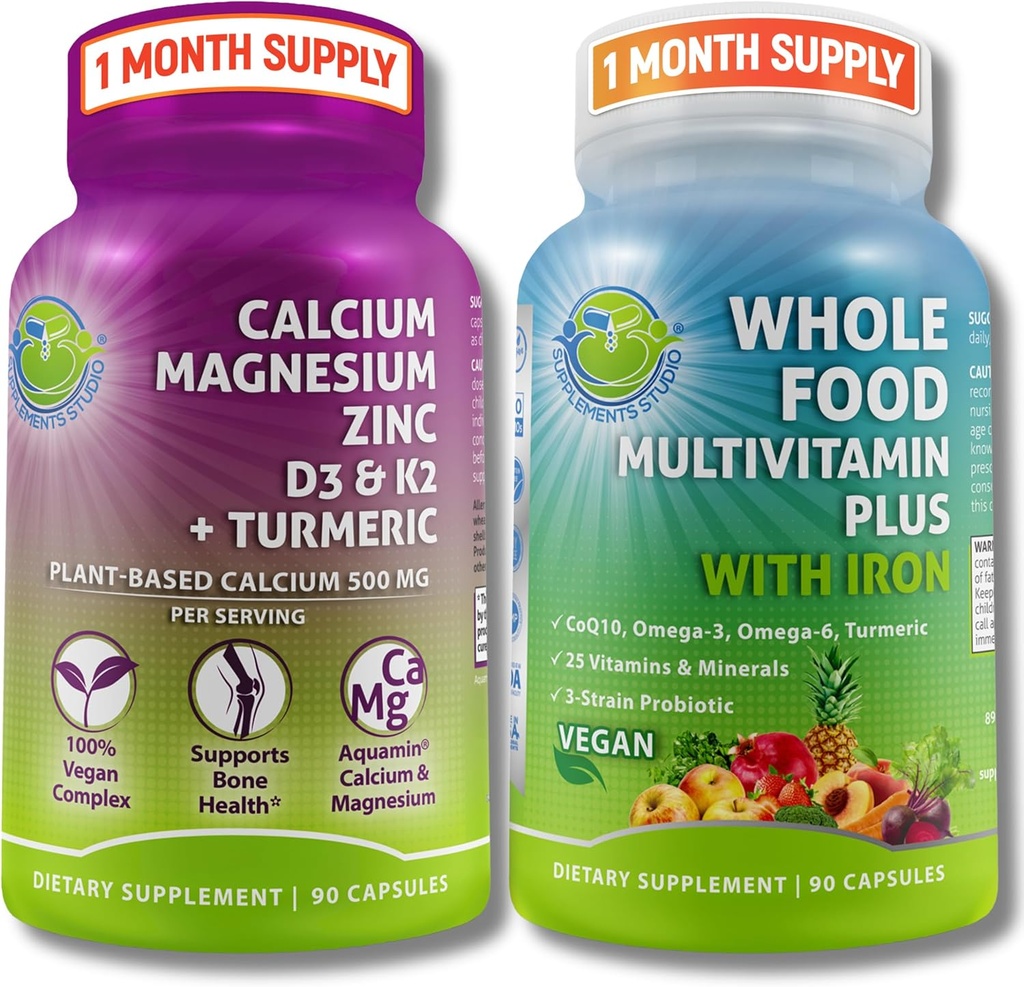 Vegan All Food Multivitamin se železem + Plant- based vápník, hořčík, zinek, D3, K2 & turmeric - Vegan Daily Support for Energy, Bone Health, Imunity & Celkově Wellness Trio
